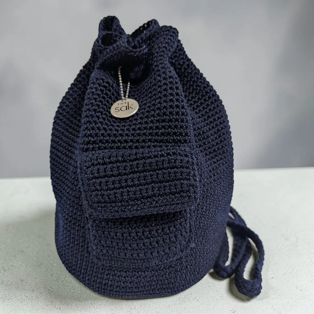 The Sak Navy Blue Dylan Crochet Drawstring Bucket Backpack Bag